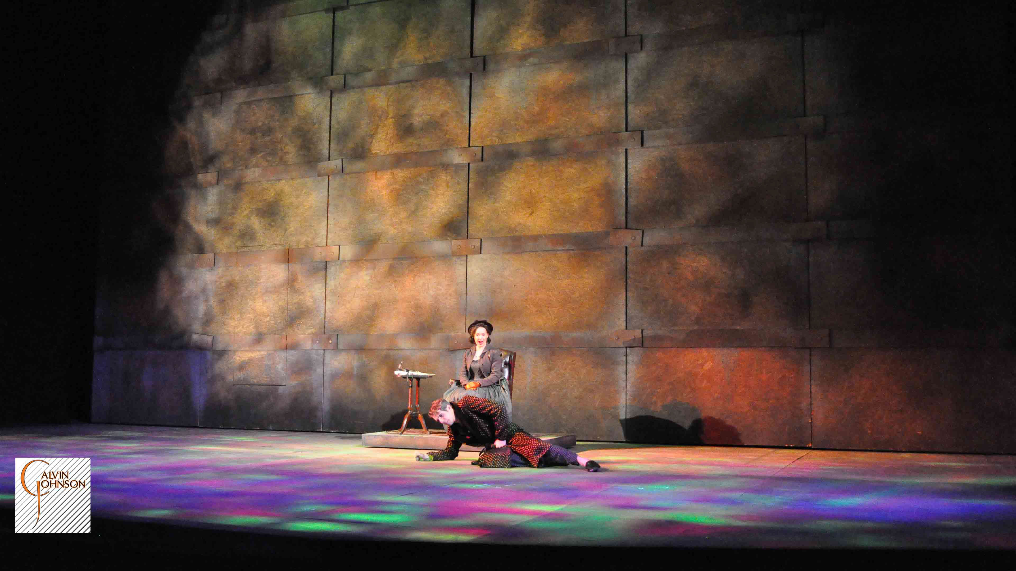 A performance of "Angels In America" at Carnegie Mellon. Ethel Rosenberg confronts Roy Cohn with a mysterious digital glow.