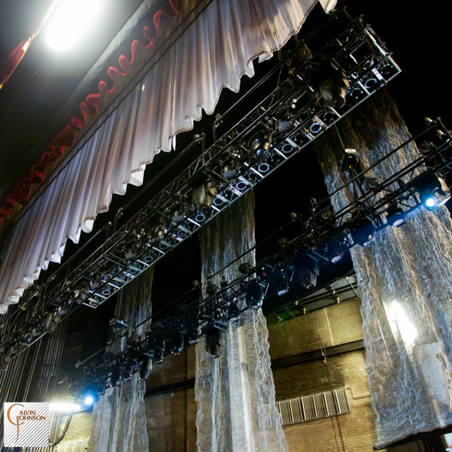 A view of lighting truss backstage for the Anthony Hamilton Back to Love concert tour.