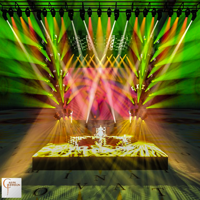 A 3D Representation of a concert set and lighting design for the band Foo Fighters.