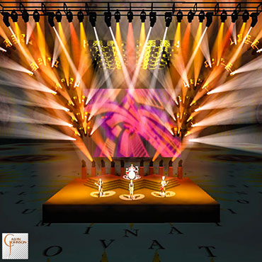 A 3D Representation of a concert set and lighting design for the band Foo Fighters.