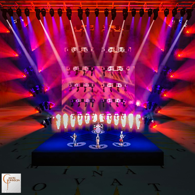 A 3D Representation of a concert set and lighting design for the band Foo Fighters.